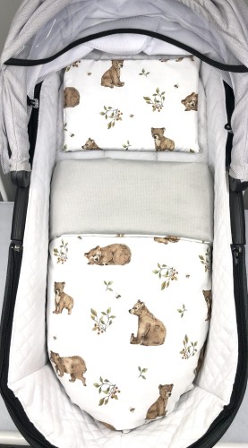 Kocyk z poduszeczką do wózka Premium Misie niedźwiadki i szary Velvet