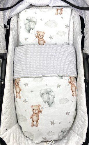 Kocyk z poduszeczką do wózka Premium Misie z szarymi balonikami i szary Wafel