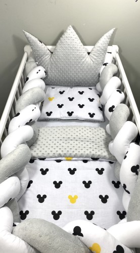 Komplet do łóżeczka z warkoczem 300cm i koroną Miki i szare minky