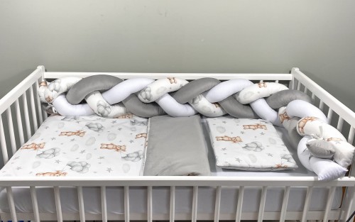 Komplet do łóżeczka z warkoczem 180cm PREMIUM Misie z szarymi balonikami i szary Velvet