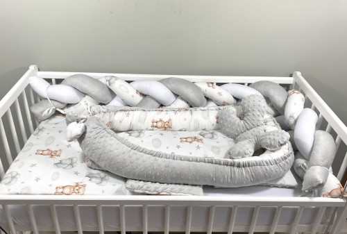 Zestaw do łóżeczka z warkoczem 180cm i kokonem PREMIUM Misie z szarymi balonikami i szare minky