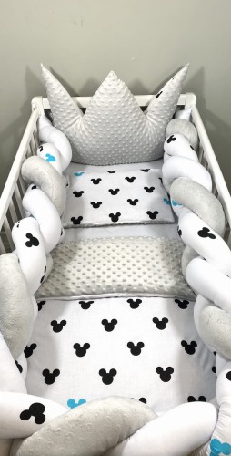 Komplet do łóżeczka z warkoczem 300 cm i koroną Miki niebieskie i szare Minky